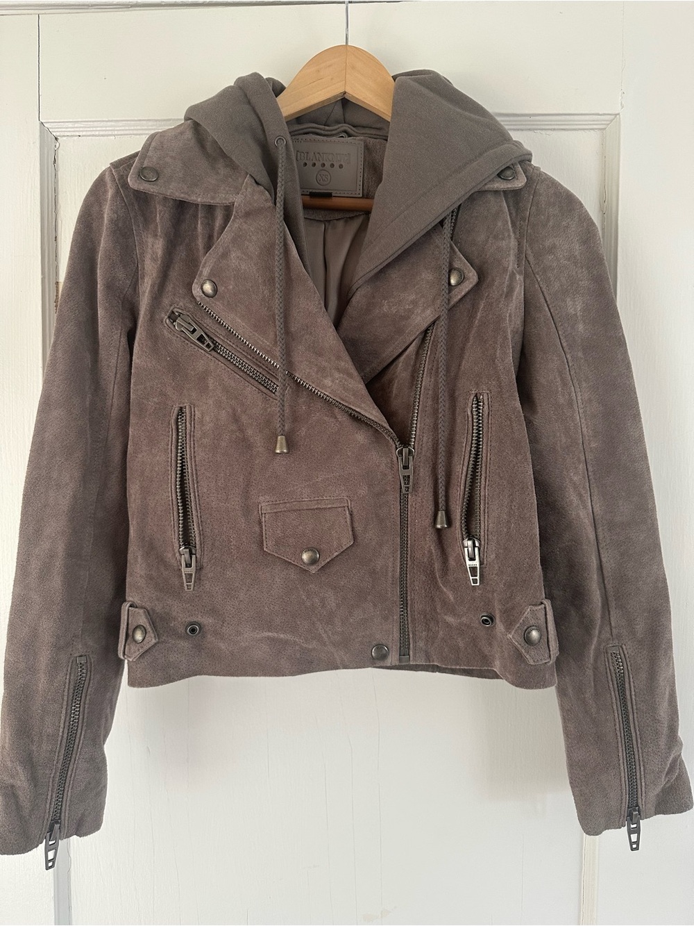 Anthropologie Blank NYC Suede Hooded Moto Jacket in Taupe Gray